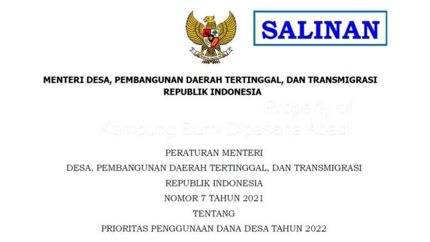 Download Permendes PDTT Nomor 7 Tahun 2021 Tentang Prioritas Penggunaan Dana Desa Tahun 2022